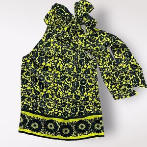 Diane von Furstenberg VTG‎ Silk Halter Top Yellow Black Floral Tie Neck Size 2